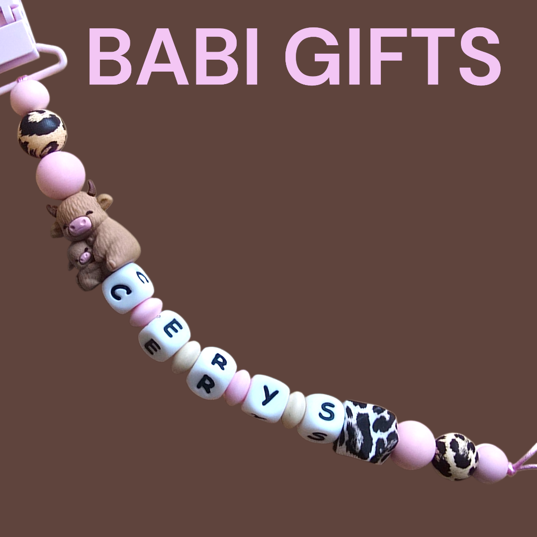 Pink Highland Cow Dummy Clip and Teether Set – Animal Print Baby Gift