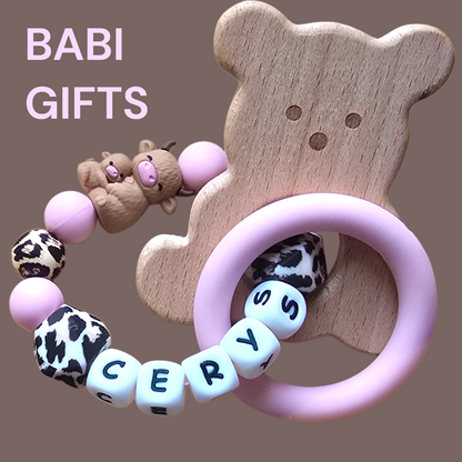Pink Highland Cow Dummy Clip and Teether Set – Animal Print Baby Gift