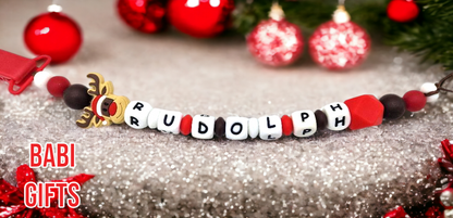 Christmas Rudolph Reindeer Dummy Clip and Teether Set – Personalised Baby Gift