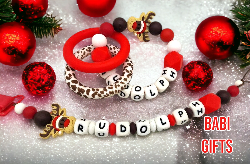 Christmas Rudolph Reindeer Dummy Clip and Teether Set – Personalised Baby Gift