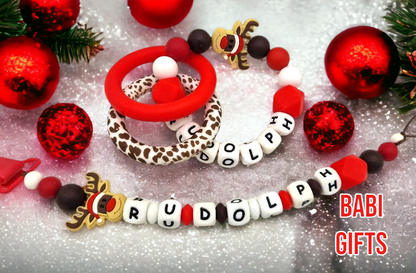 Christmas Rudolph Reindeer Dummy Clip and Teether Set – Personalised Baby Gift