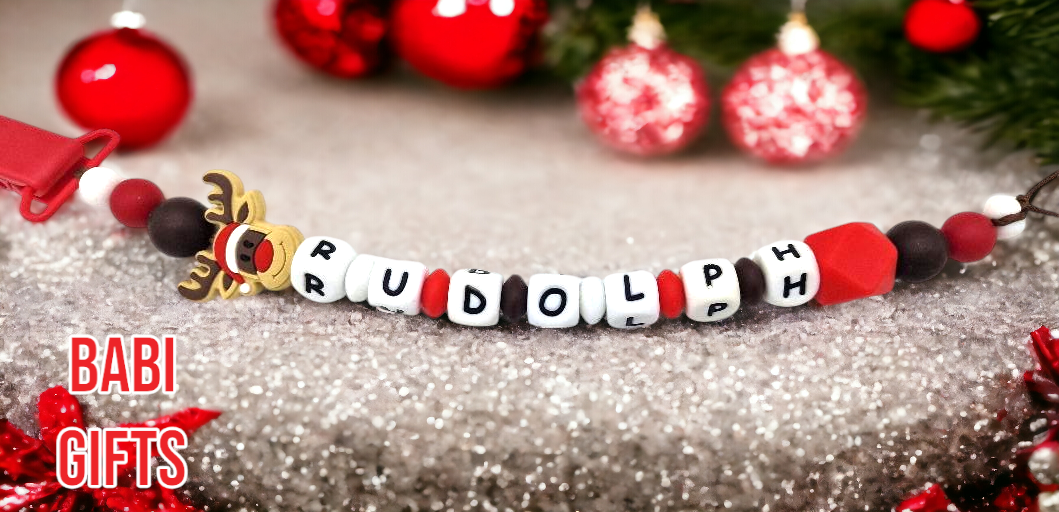 Christmas Rudolph Reindeer Dummy Clip and Teether Set – Personalised Baby Gift