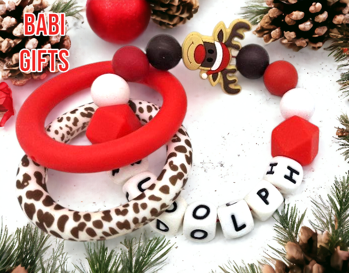 Christmas Rudolph Reindeer Dummy Clip and Teether Set – Personalised Baby Gift