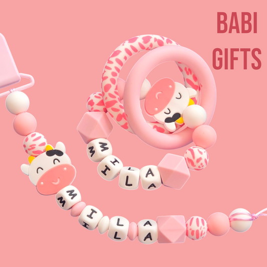 Pink Cow Dummy Clip & Teether Set – Baby Girl Gift