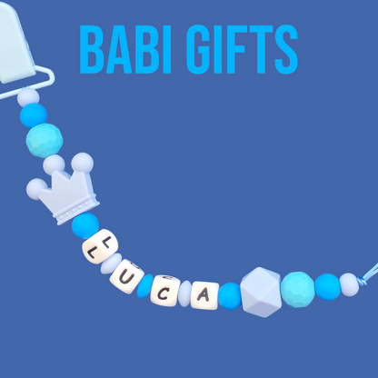 Blue Crown Dummy Clip & Teether – Royal Baby Boy Gift