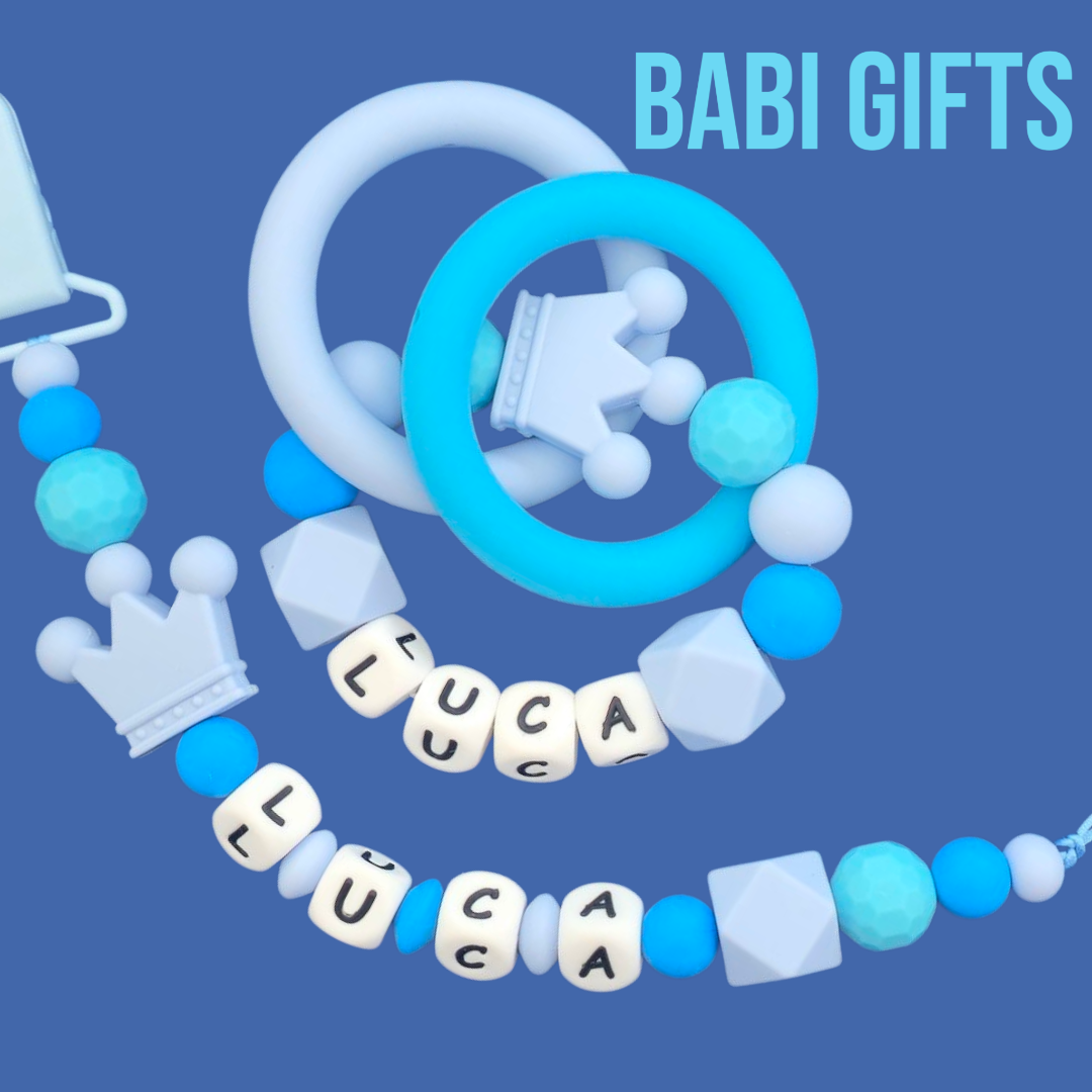 Blue Crown Dummy Clip & Teether – Royal Baby Boy Gift