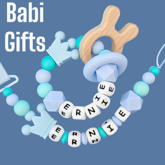 Personalised Dummy Clip & Teether Set – Blue Crown - Fit for a Prince | Baby Boy Gift