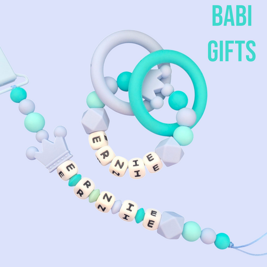 Blue Crown Dummy Clip & Teether Set – Baby Boy Gift