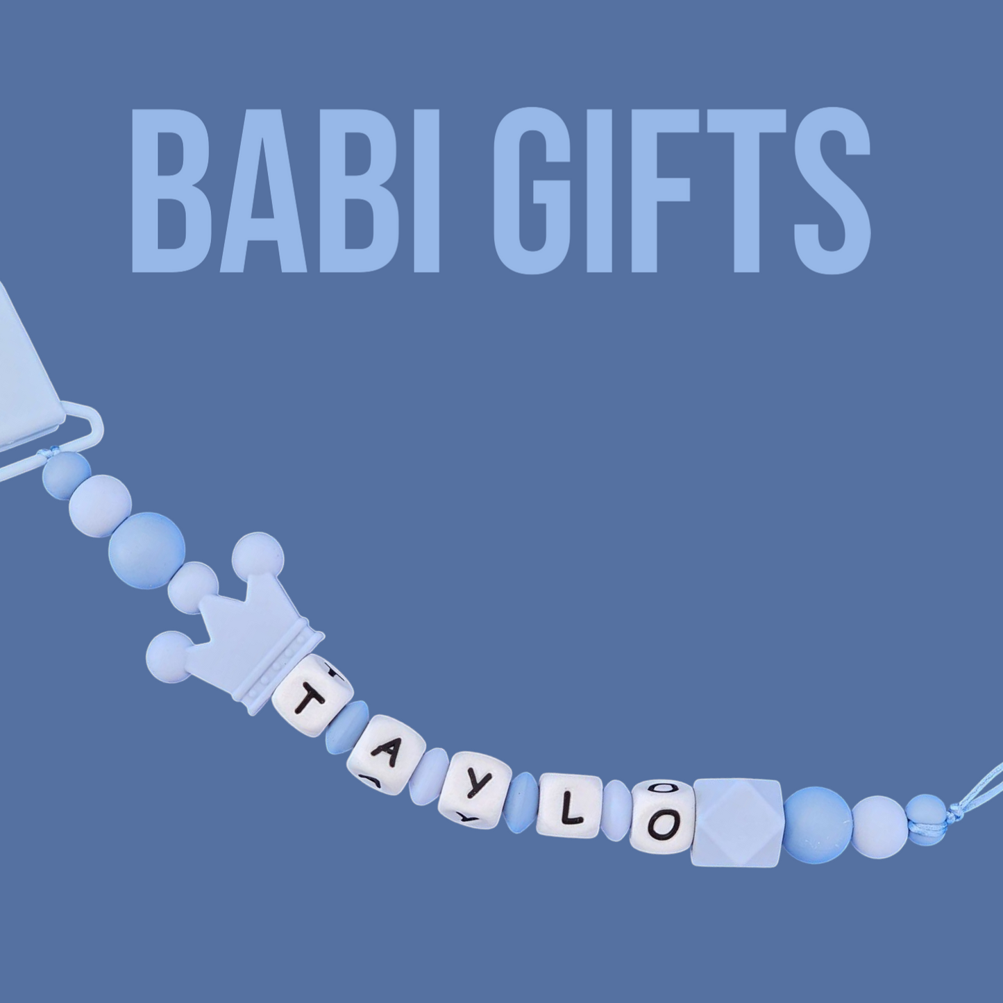 Sky Blue Crown Dummy Clip – Personalised Teether Set