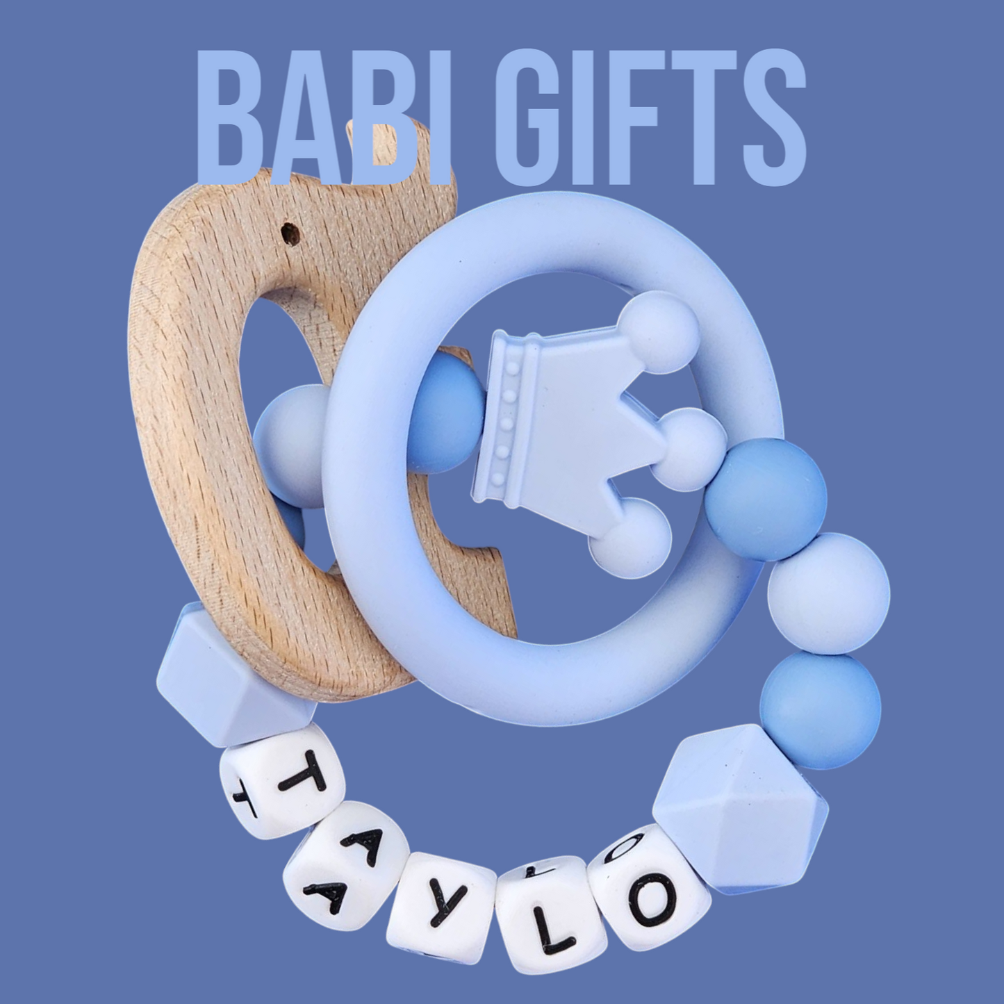 Sky Blue Crown Dummy Clip – Personalised Teether Set