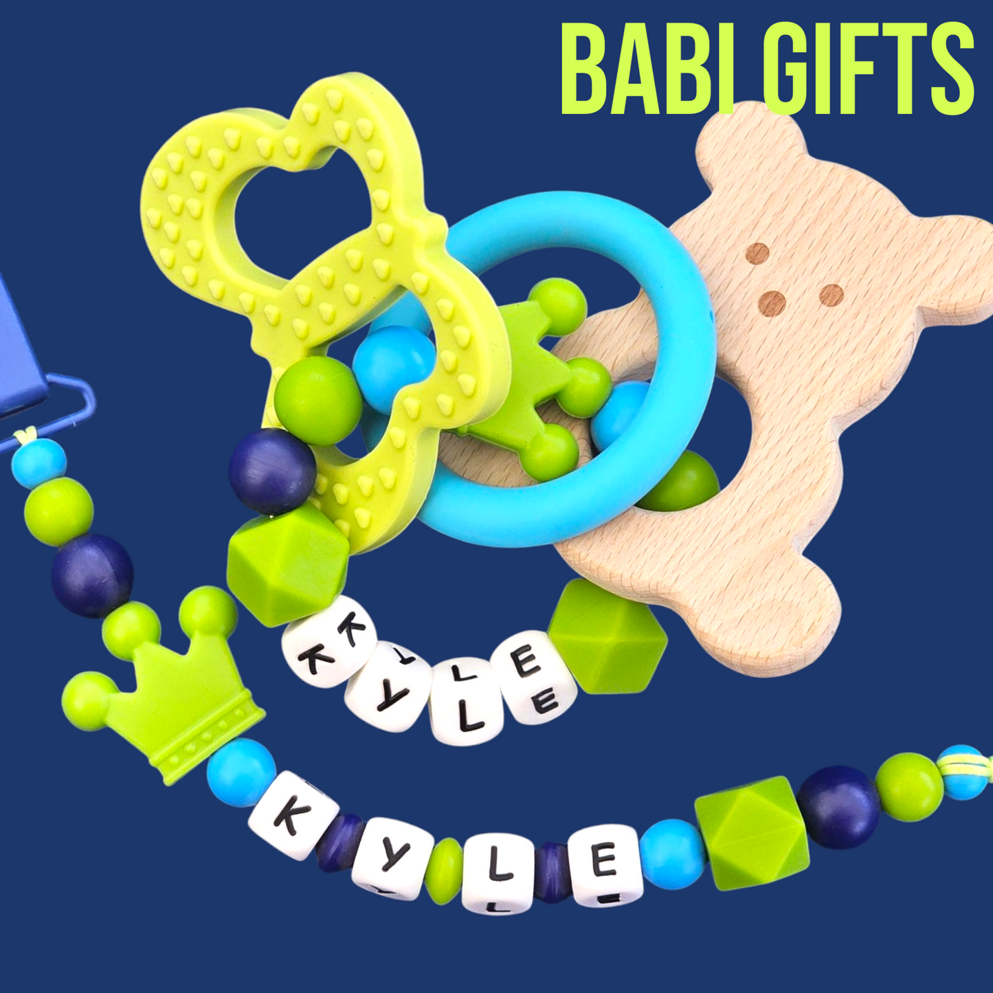 Green Crown Dummy Clip & Premium Teether – Royal Safari Gift