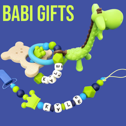 Green Crown Dummy Clip & Premium Teether – Royal Safari Gift