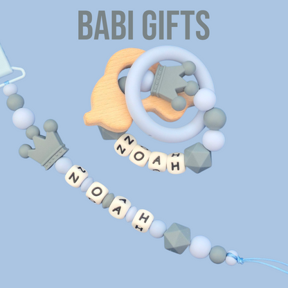 Grey Crown Dummy Clip & Teether – Little Prince Gift