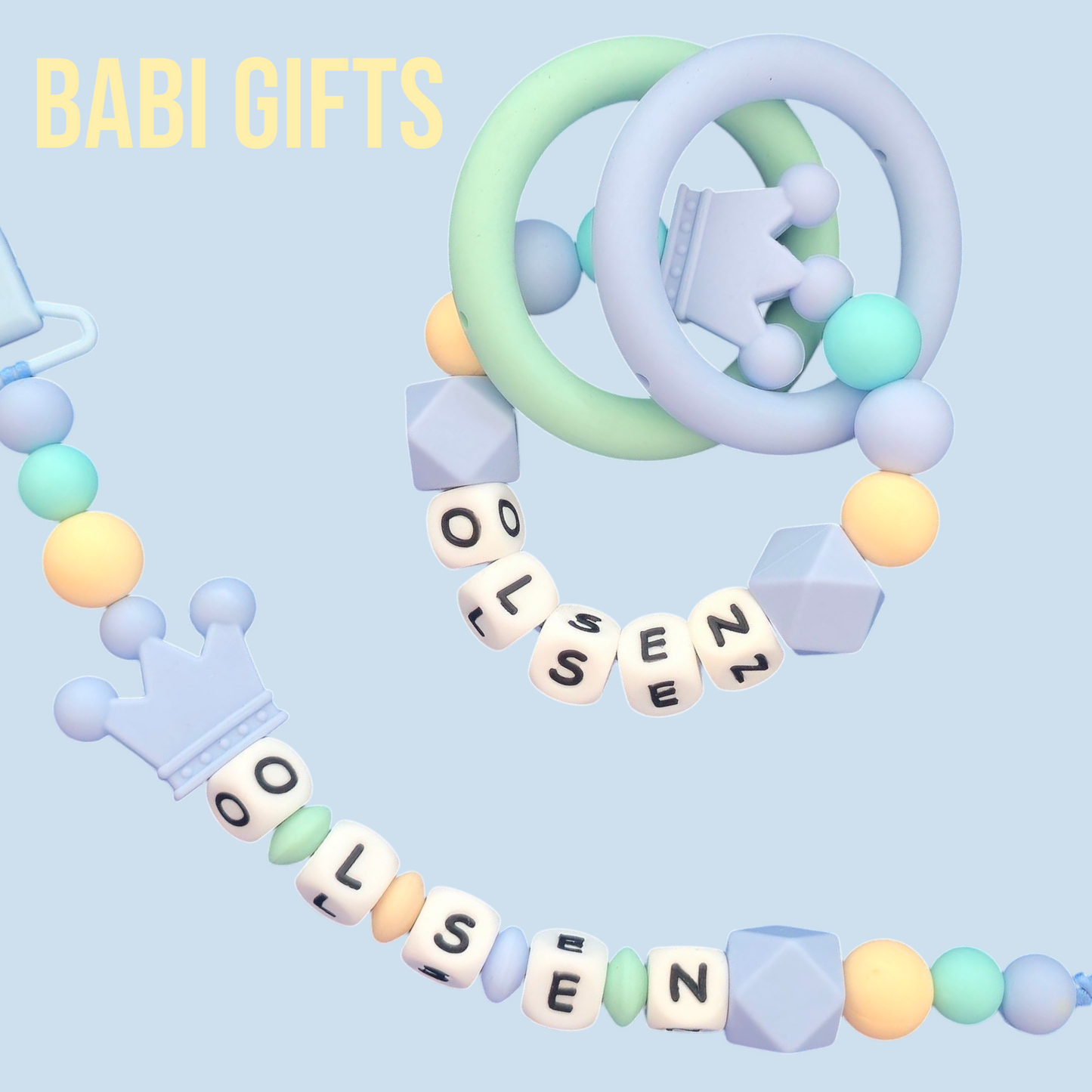 Pastel Crown Dummy Clip & Teether Set – Personalised Baby Gift