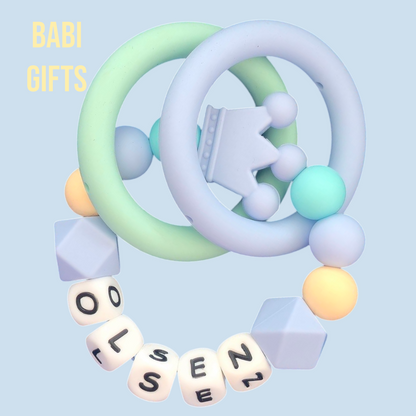 Pastel Crown Dummy Clip & Teether Set – Personalised Baby Gift