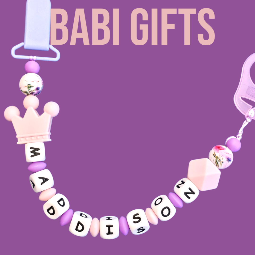 Pink Crown Rose Print Dummy Clip & Teether Set – Personalised