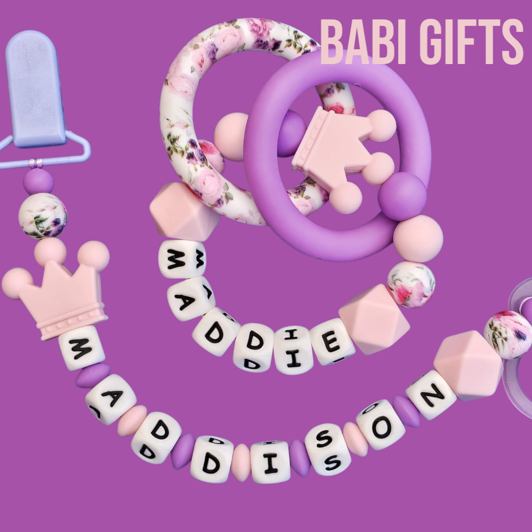 Pink Crown Rose Print Dummy Clip & Teether Set – Personalised