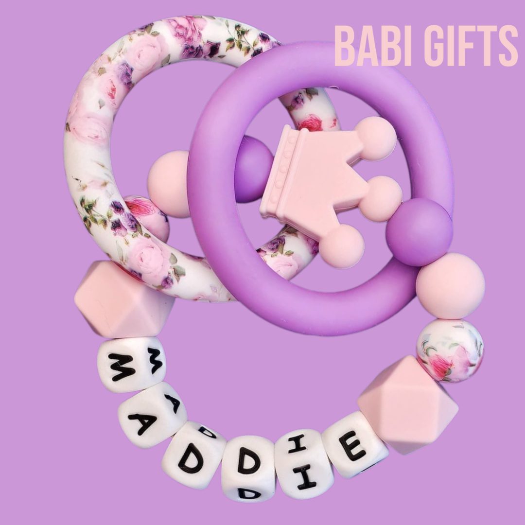 Pink Crown Rose Print Dummy Clip & Teether Set – Personalised