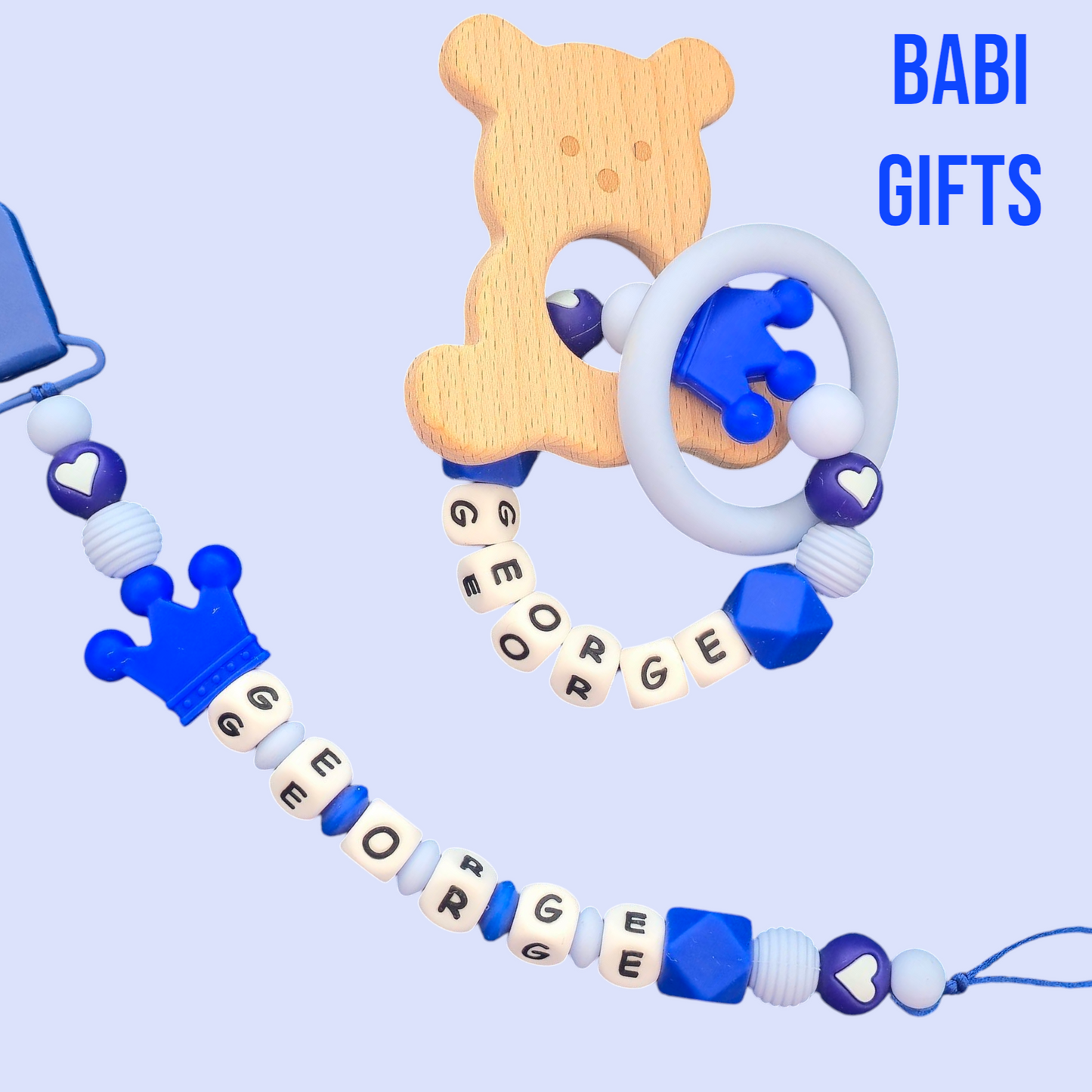💙 Royal Blue Crown Dummy Clip & Teether Set – Personalised Prince Style