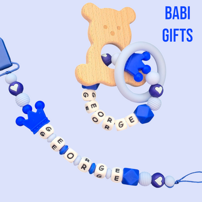 💙 Royal Blue Crown Dummy Clip & Teether Set – Personalised Prince Style