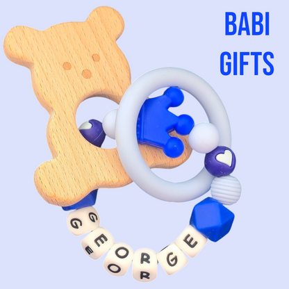 💙 Royal Blue Crown Dummy Clip & Teether Set – Personalised Prince Style