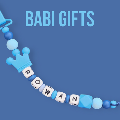 Sky Blue Crown Dummy Clip – Personalised Baby Teether Set
