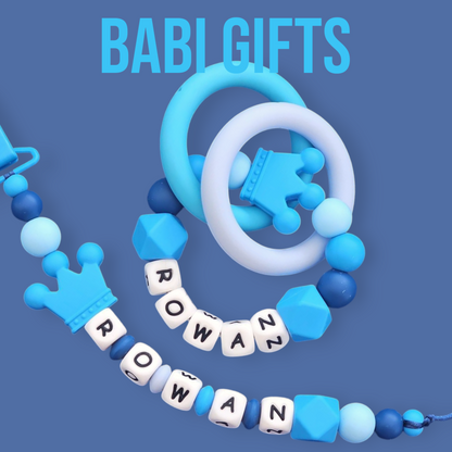 Sky Blue Crown Dummy Clip – Personalised Baby Teether Set