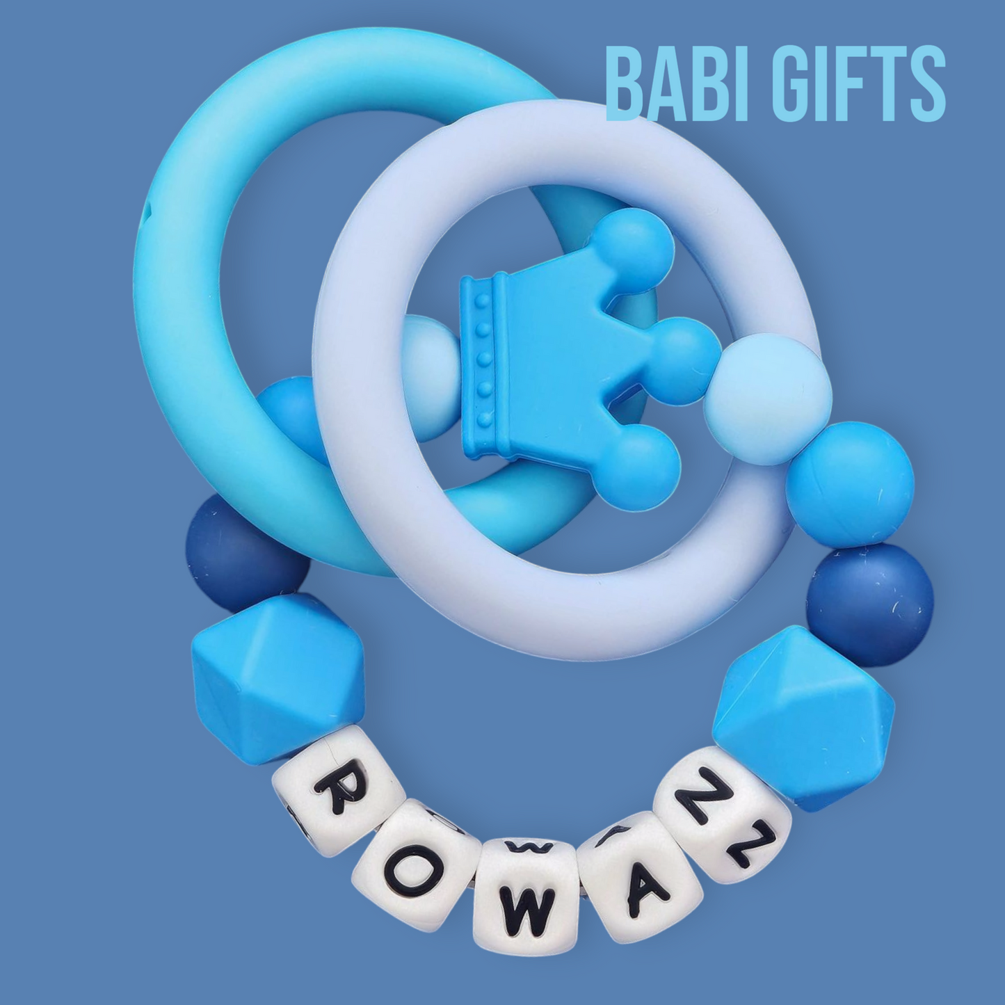 Sky Blue Crown Dummy Clip – Personalised Baby Teether Set