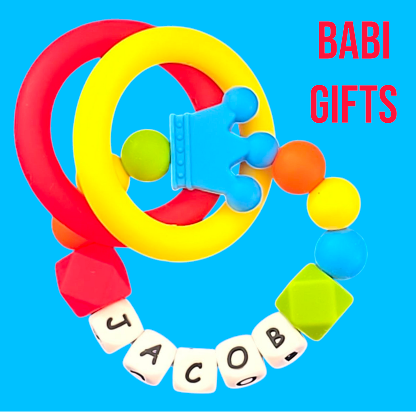 🌈 Bright Rainbow Crown Dummy Clip & Teether Set – Personalised Baby Gift