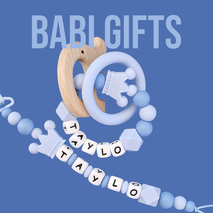 Sky Blue Crown Dummy Clip – Personalised Teether Set