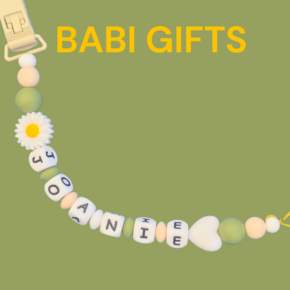 Sunflower & Daisy Dummy Clip and Teether Set – Personalised Baby Gift