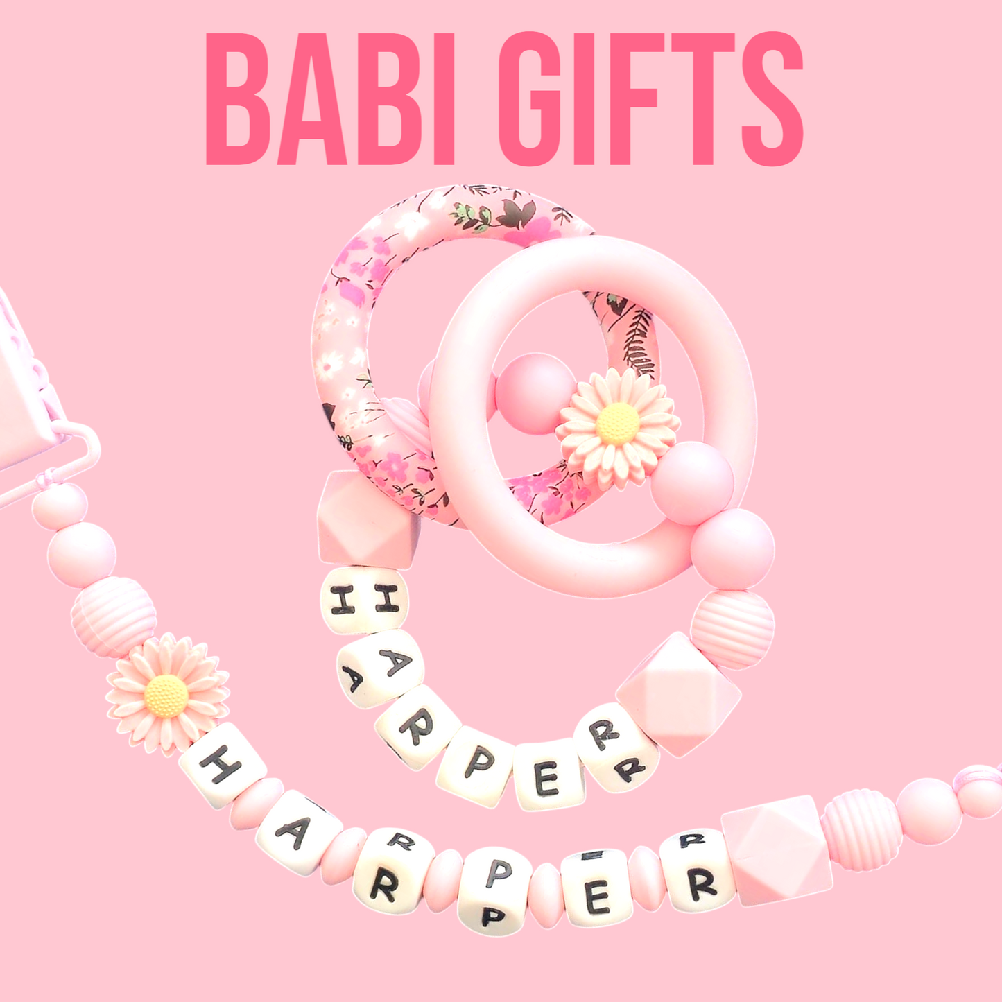 Pink Daisy Dummy Clip & Teether – Pastel Floral Gift | Babi Gifts