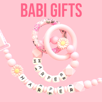 Pink Daisy Dummy Clip & Teether – Pastel Floral Gift | Babi Gifts