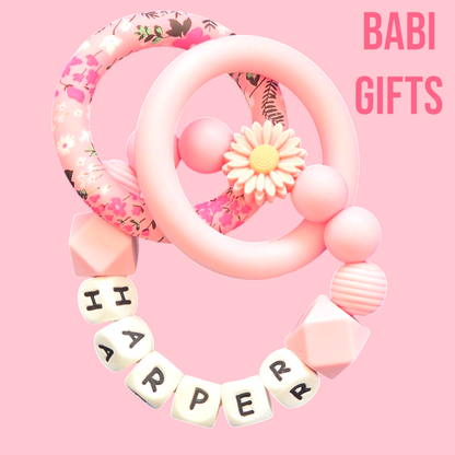 Pink Daisy Dummy Clip & Teether – Pastel Floral Gift | Babi Gifts
