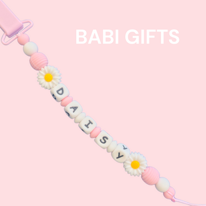 Pink Daisy Dummy Clip and Teether Set – Personalised Baby Gift