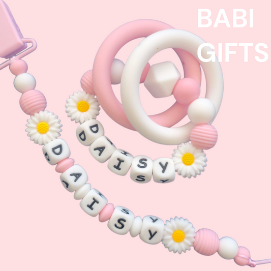 Pink Daisy Dummy Clip and Teether Set – Personalised Baby Gift