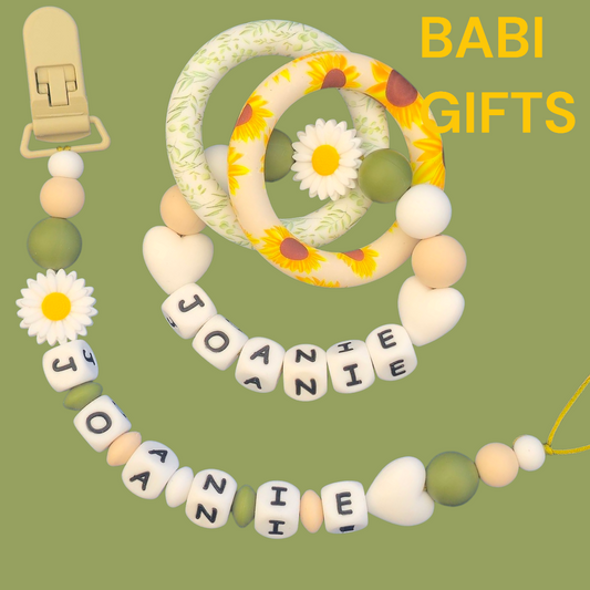 Sunflower & Daisy Dummy Clip and Teether Set – Personalised Baby Gift