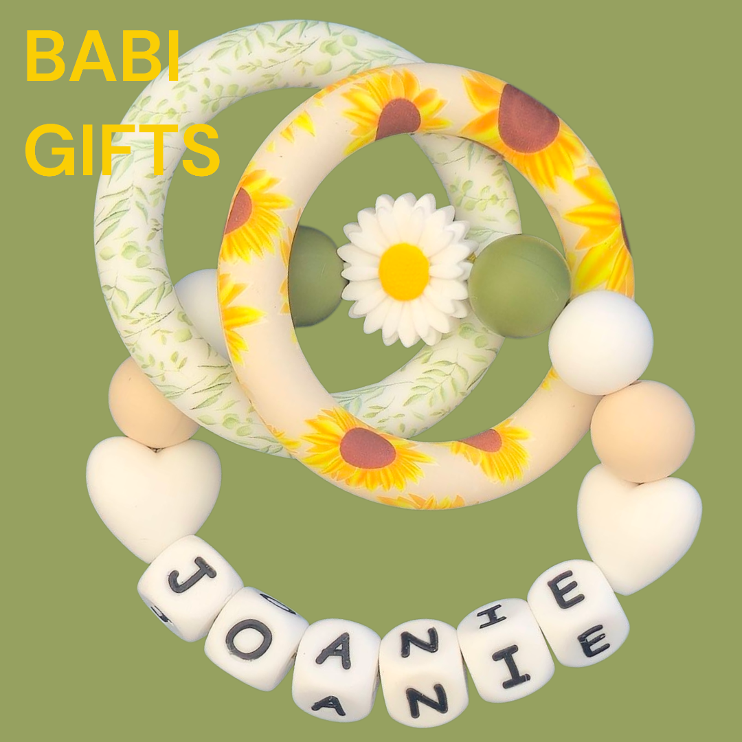 Sunflower & Daisy Dummy Clip and Teether Set – Personalised Baby Gift
