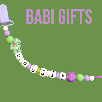 Green & Purple Dinosaur Dummy Clip & Teether Set