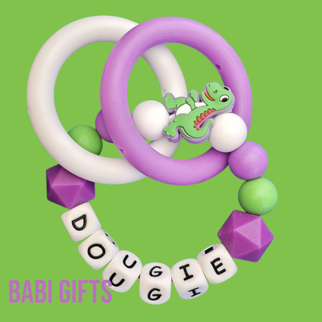 Green & Purple Dinosaur Dummy Clip & Teether Set