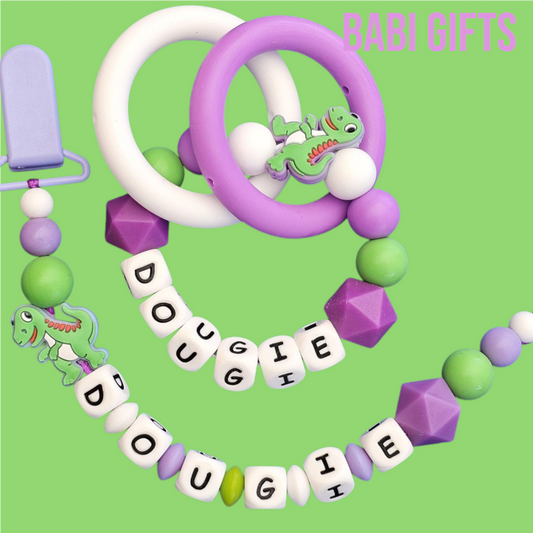 Green & Purple Dinosaur Dummy Clip & Teether Set – Personalised Baby Gift