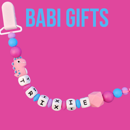 Pink Dinosaur Dummy Clip & Teether Set – Personalised