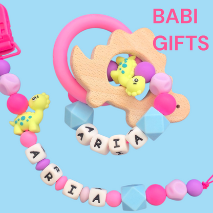 Pink Dinosaur Dummy Clip and Teether Set – Personalised Baby Gift