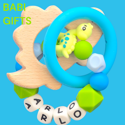 Blue Dinosaur Dummy Clip and Teether Set – Personalised Baby Gift
