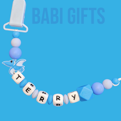 Blue Pterodactyl Dummy Clip & Teether – Personalised