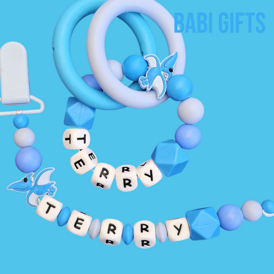 Blue Pterodactyl Dummy Clip & Teether – Personalised
