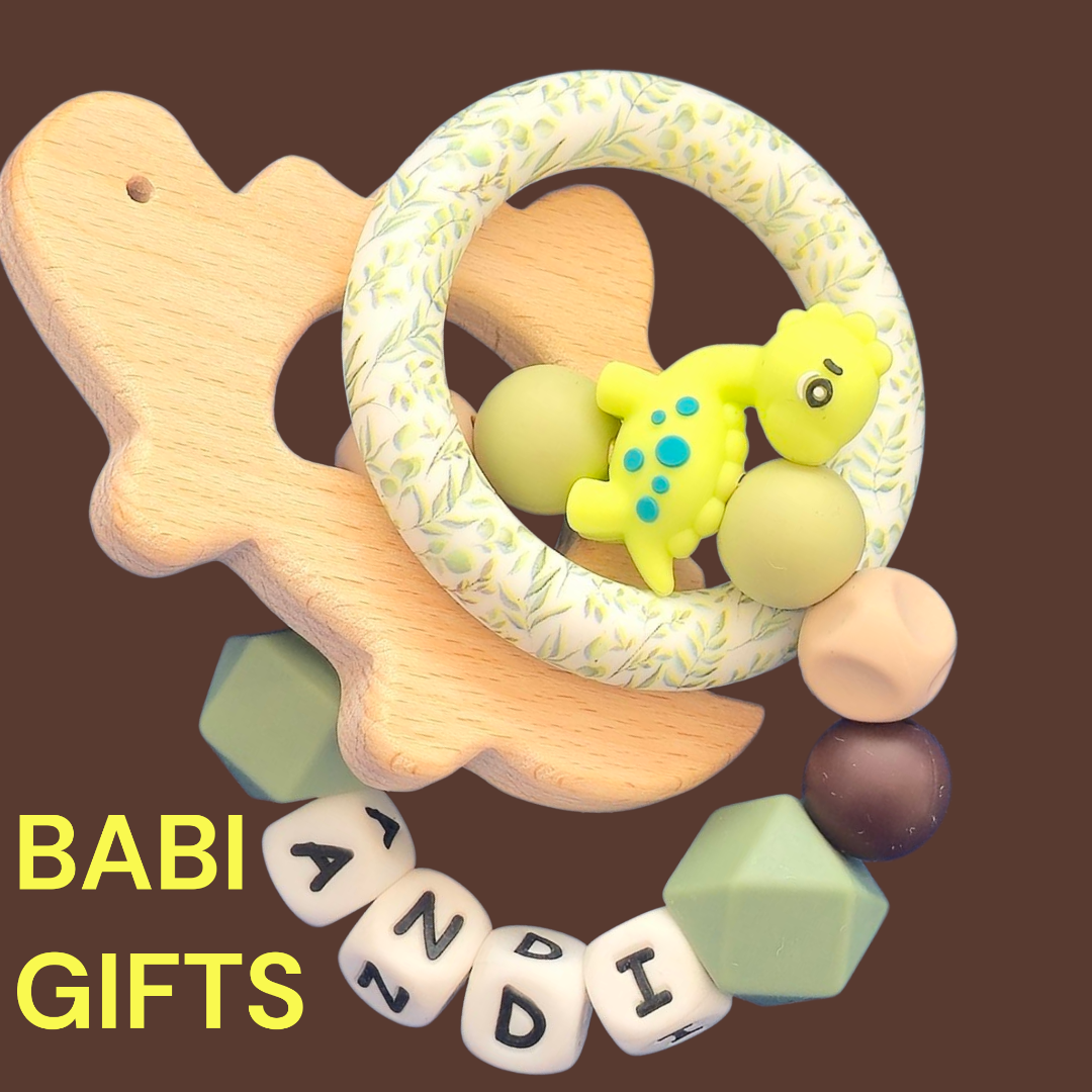 Natural Dino Dummy Clip and Teether Set – Personalised Baby Gift