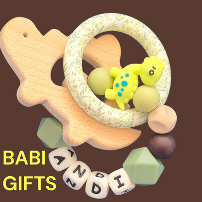 Natural Dino Dummy Clip and Teether Set – Personalised Baby Gift