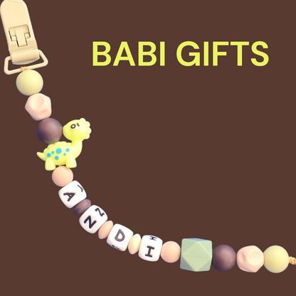 Natural Dino Dummy Clip and Teether Set – Personalised Baby Gift