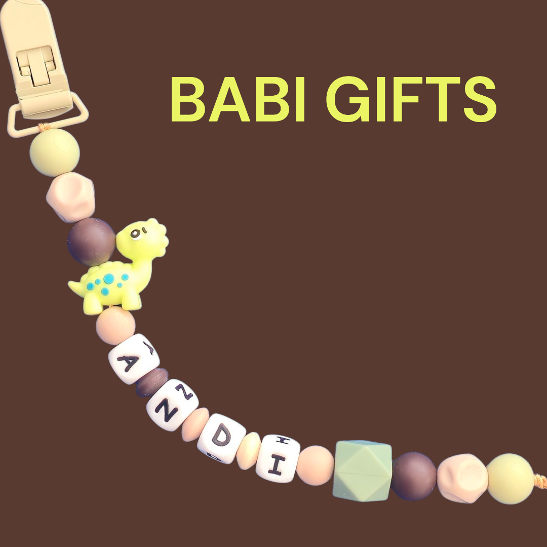 Natural Dino Dummy Clip and Teether Set – Personalised Baby Gift